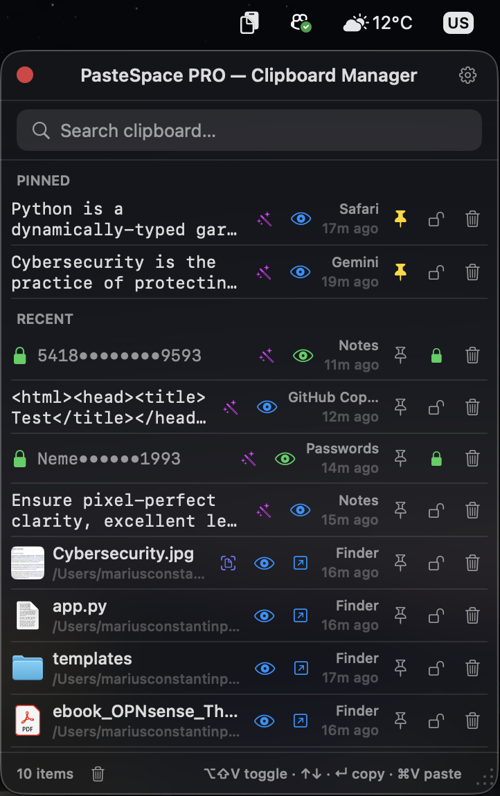 PasteSpace clipboard history in the menu bar